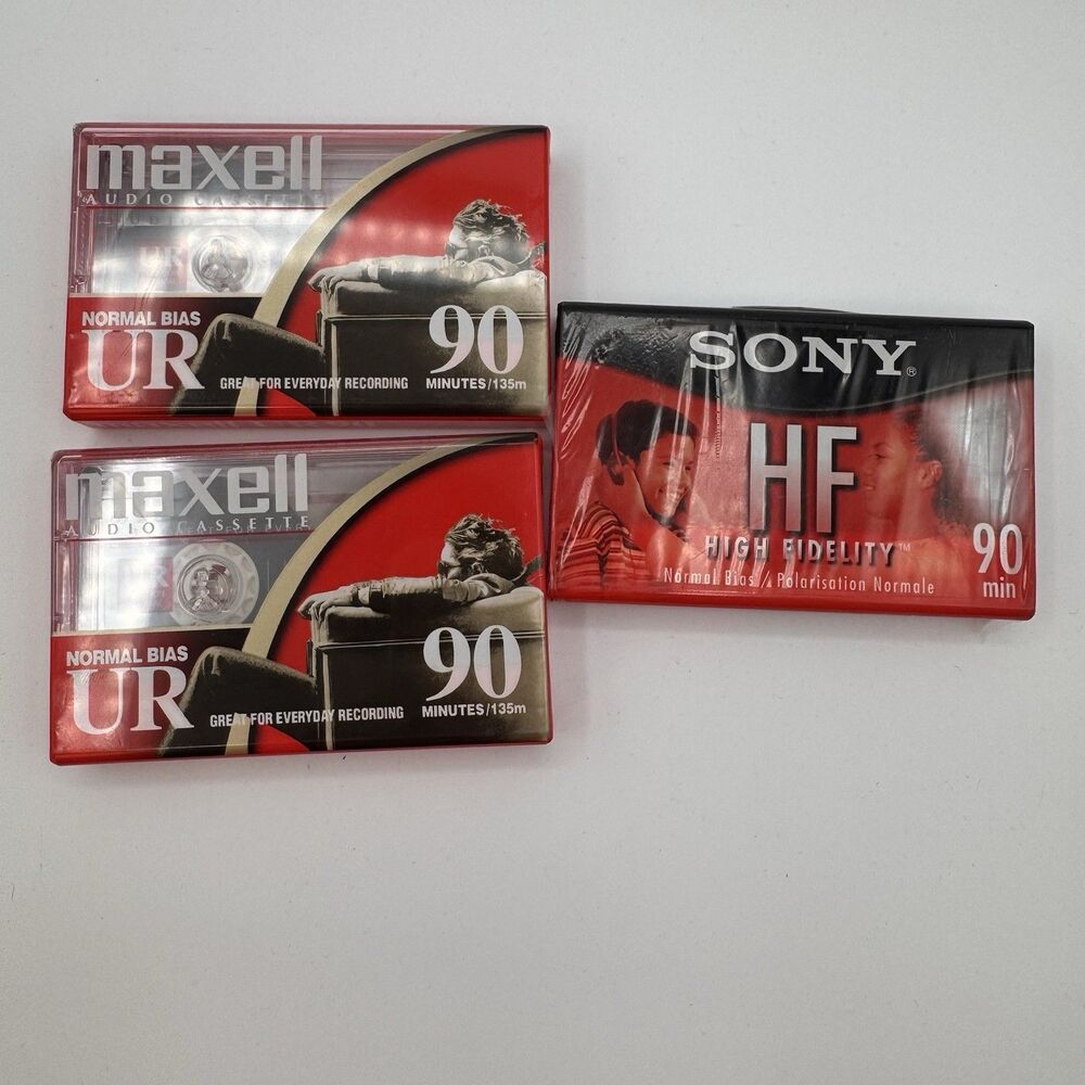 Lot of 3 Blank Cassette Tapes New Sealed Maxell UR90 Sony HF90